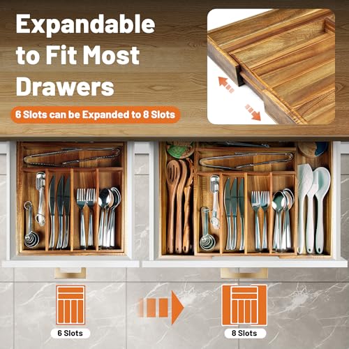 KITEISCAT Acacia Wood Expandable Silverware Organizer, Kitchen Utensil Drawer Organizer for Forks & Spoons, 8-Compartment Cutlery Tray, Flatware Holder - size: 8 Compartments Expandable