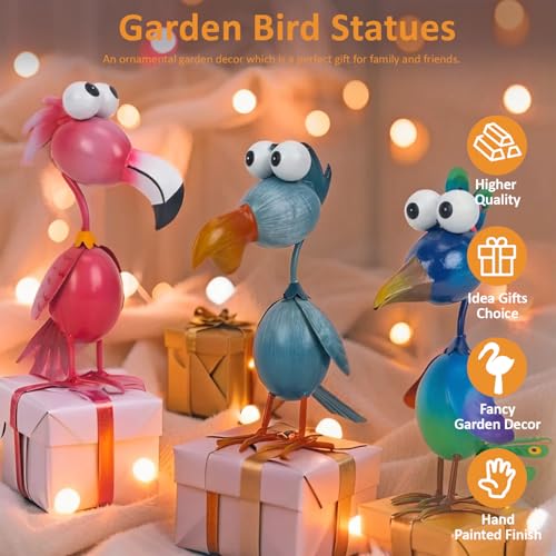 Kircust Outdoor Metal Bird Yard, Garden Decor for Outside Flamingo/Peacock/Pelican Decorations Art Statues, Lawn Ornaments for Courtyard, Patio, Backyard, Porch, Set of 3 - color: Pink-blue-grey Blue