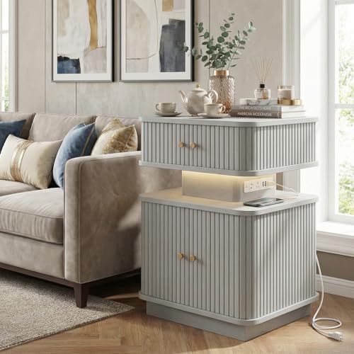 LED Light End Table with Charging Station, Grey Mid Century Bedside Table with USB Type A C Ports, Small Fluted Accent TV Control Nightstand with 2 Sliding Door for Living Room, Curvy Edge - color: Grey