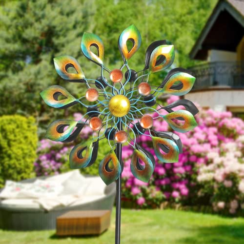 DIBIEECN 78 Inch Big Peacock Kinetic Wind Spinners with Garden Stake, Metal Sculpture Decorations, Outdoor Windmill, Dual Direction for Yard Art, Lawn Decor, Idea Gifts - size: Large
