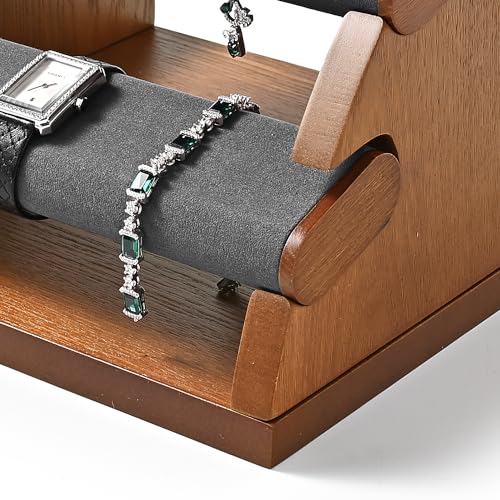3 Tiers Solid Wood Jewelry Bracelet Watch Organizer Stand Display Detachable Watch Display Stand Jewelry Tree for Wristwatch Bracelet Organization(Grey)