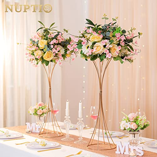 NUPTIO 2 Pcs Trumpet Vases for Centerpieces 26in Tall Gold Vase, Wedding Centerpieces for Tables, Artificial Arrangement Flower Stand for Anniversary Party Birthday Event Aisle Home Reception Decor - size: 26 inch Tall