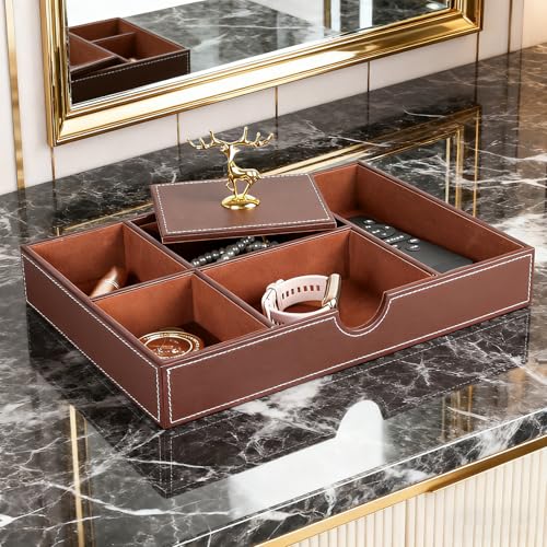 Jewelry Trays Nightstand Organizer, Valet Tray for Men and Women, Tray Organizer,Can hold Mobile phones, watches, cosmetics, keys. Dark Brown Faux Leather, 5 CompartmentCompartment - color: brown