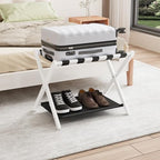 Smuxee White Bamboo Luggage Rack for Guest Room, Foldable Suitcase Stand with Storage Shelf, Easily Assembled Luggage Stand with 5 Nylon Straps for Guest Room Bedroom Hotel - color: White 1PCS