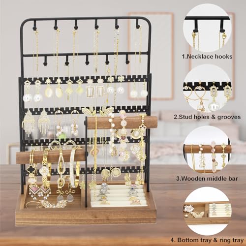 Jewelry Holder Organizer Stand 4-Tier Necklace Stand Earring Holder with Wooden Tray, Jewelry Rack for Bracelets Watches and Rings Display Stand, Gifts for Women & Girls-Black - color: Tray&Black