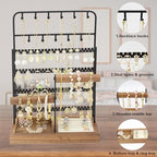 Jewelry Holder Organizer Stand 4-Tier Necklace Stand Earring Holder with Wooden Tray, Jewelry Rack for Bracelets Watches and Rings Display Stand, Gifts for Women & Girls-Black - color: Tray&Black
