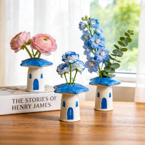 MOUGIGI Cute Blue House Ceramic Bud Vase Set of 3 - Handmade Miniature Vase with Star Roof for Dried Flowers, Chic Japandi Style Decor for Entryway, Dining,Coffee Table - Ideal Small Gift for Home - color: 3 Pcs Birdhouse Bud Vase