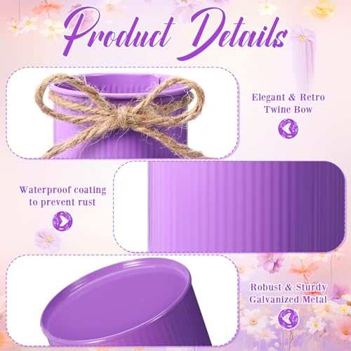 Rustic Vase for Table Centerpieces 4.33 Inch Small Petite Flower Vase with Twine Bow Vintage Farmhouse Decor for Wedding Reception Dining, Home Galvanized Metal Buckets(Purple,12 Pcs) - color: Purple