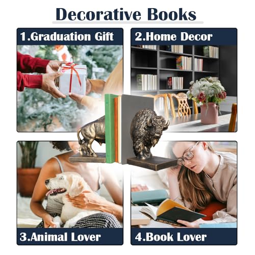 Decorative Bookends, Art Book Ends for Heavy Books, Heavy Bookends for Shelves, Vintage Non-Slip Base Book Holder, Resin Book Stopper for Home Office Decor (Copper Buffalo) - color: Copper Buffalo