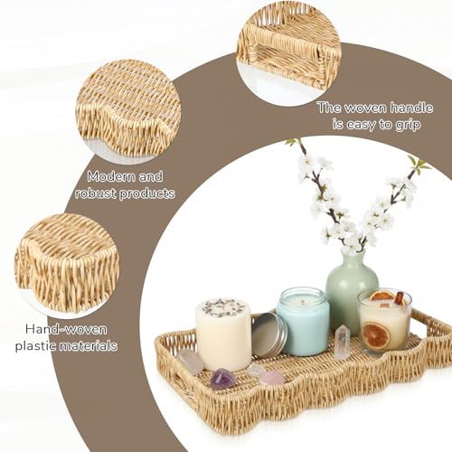 Scalloped Tray Rectangle with Handles, 13.98 x 9.84 x 1.77 Inch Hand Woven Serving Trays Rustic Plastic Coffee Table Decorative Tray for Living Room, Kitchen, Bathroom, Dining Table Decor