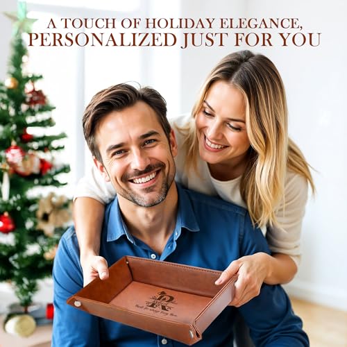 Engraved Leather Valet Tray – Personalized Mens Dresser Organizer Tray with Custom Name – Christmas Gift for Dad, Husband, or Men – Nightstand Organizer - style: Christmas