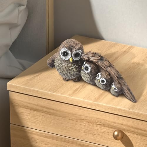 Cute Brown Family of Four owl Figurines Home Décor Sculpture with Three Baby Owls Décor for Shelf Gifts Decoration for Birds Lovers Home,Office, Bookself