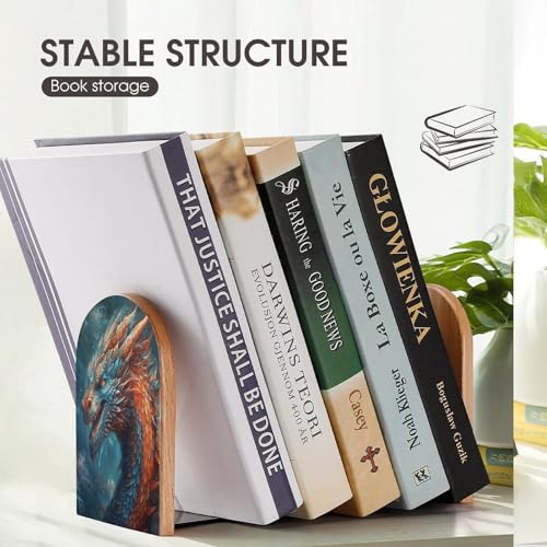 Dragon Art Bookend Wood Book End for Shelves Heavy Duty Non-Slip Wooden Bookend Support Universal Economy Bookends Fancy Modern Decorative Book Accessories 1 Pairs