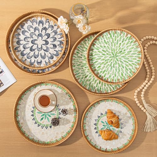 14 inch Round Rattan Tray Home Decor, Wicker Serving Tray with Mother of Pearl Inlay, Boho Decorative Tray for Coffee Table, Ottoman, Kitchen Table, Bathroom (Coastal Blue) - color: Coastal Blue, size: 14 inch