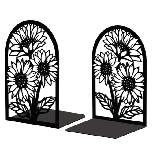 Peacoblue Metal Bookends for Shelves, Modern Decorative Heavy Duty Study Book Support Stoppers for Office, Desk, Shelf, Room 5.3"x4.3"x7.9" Cast Iron Simple Tall Bookends, 1 Pair (Sunflowers) - style: Sunflowers