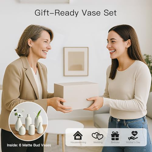 BEAHOT Ceramic Vases Set of 6, White Contemporary Decorative Flower Vases, Modern Design for Living Room - size: 6 set