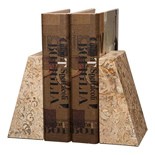 Modern Wedge Marble Bookends – Hand Carved, Polished Stone Bookends w/Non-Slip Rubber Pads – Lightweight & Compact Decorative Bookends (Fossil Stone) - color: Fossil Stone