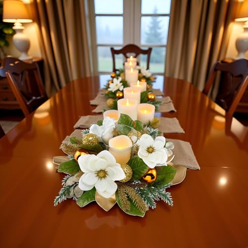 18" Centerpiece with Flameless LED Candle Holder, Design with White Artificial Magnolia, Gold Baubles & Spruce Branches for Holiday Decor (White) - color: White