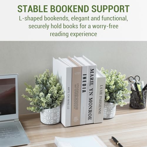 MyGift L-Shaped Decorative Bookends with Artificial Eucalyptus Plant Potted in Modern Geometric Embossed Gray Concrete Pot, Book Ends for Shelf Desk Nook Decor, 1 Pair - color: Artificial Eucalyptus