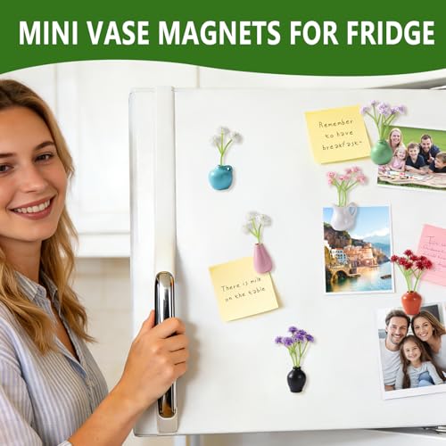8 Pcs Cute Fridge Magnets Mini Vase Magnets for Fridge with Artificial Flowers, Tiny Ceramic Vase Refrigerator Magnets, Decorative Cute Magnets for Kitchen, Office, Locker, Whiteboard