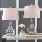 JONATHAN Y 25" Clear/Chrome and Brass Gold Glass Table Lamp Set of 2 for Bedroom, Modern Bedside Lamp for Living Room Nightstand, White Linen Drum Shade, LED Bulb Included (JYL1068B-SET2) - color: Clear