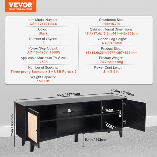 VEVOR Rattan TV Stand for 75in TV, Boho TV Stand with Rattan Door, Entertainment Center with Build-in Socket, Storage Cabinet with 2 Shelves, Modern TV Console for Living Room, Media Room, Black - color: Black, size: for 75" TVs