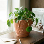 HERDUK 6 Inch Terracotta Abstract Face Planter with Drainage & Saucer – Artistic Ceramic Flower Pot for Indoor Plants, Boho Home Decor, Unique Gift for Plant & Art Lovers - size: 6 Inch