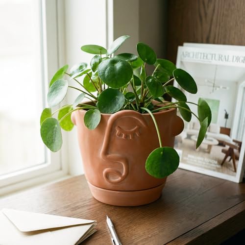 HERDUK 6 Inch Terracotta Abstract Face Planter with Drainage & Saucer – Artistic Ceramic Flower Pot for Indoor Plants, Boho Home Decor, Unique Gift for Plant & Art Lovers - size: 6 Inch