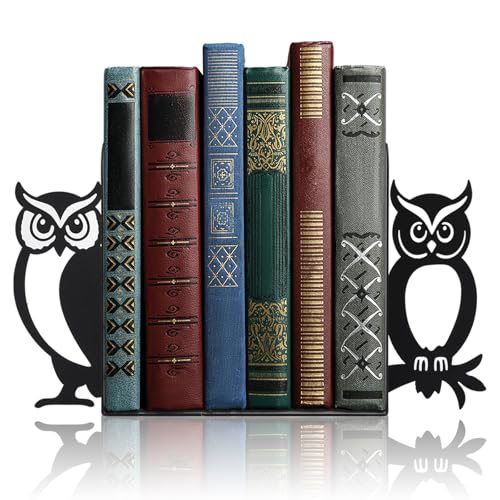 Geelin Owl Bookends for Shelves Decorative Metal Book Ends Set of 2 Styles Vintage Style Black Owl Design Heavy Duty Non-Slip Book Holders for Home Library Office Decor Gift for Reading Lovers - style: Owls