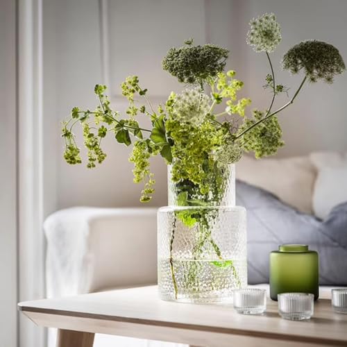 Ribbed Vase Glass Fluted Flower - Esmiome Clear Vases Modern Flower Vase Decorative with Big Capacity Pot Large Wide for Flowers Home Office Wedding, Office, Living Room, Table,Shelf, 6.3''(W)*10''(H)