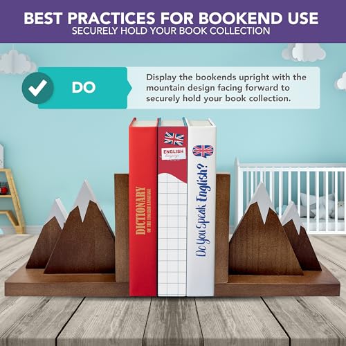 Decorably Dark Walnut Mountain Book Ends for Kids Books - 1 Set Non-Skid Wooden Mountain Bookends for Kids - Kid's Room, Nursery, Classroom