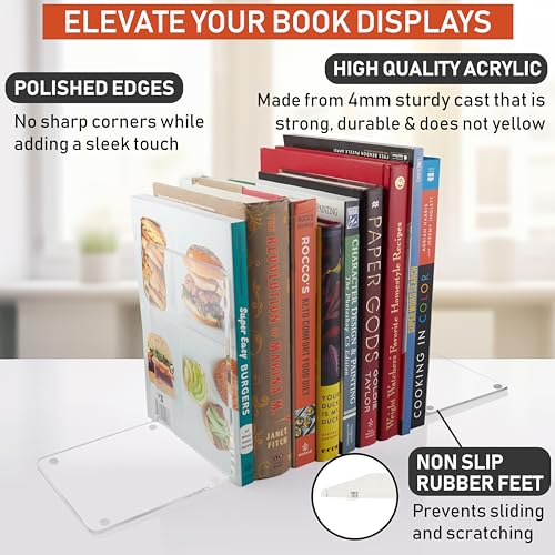 Acrylic Bookends, 2 Pairs of Clear Invisible Ends for Shelves, 4mm Heavy-Duty Non-Skid Holders for DVDs, CDs, Video Games, and Books. Stoppers for Home, Office, or Library Organization (Clear) - color: Clear