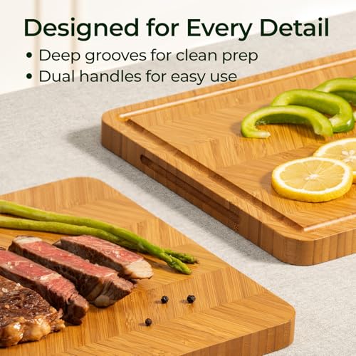 Keechee Bamboo Cutting Board, Reversible Wood Cutting Boards for Kitchen with Juice Grooves, Atelier Collection Handcrafted Large Serving Tray, Luxury Housewarming Wedding Gifts for New Home - size: Set of 3 (M+L+XL)
