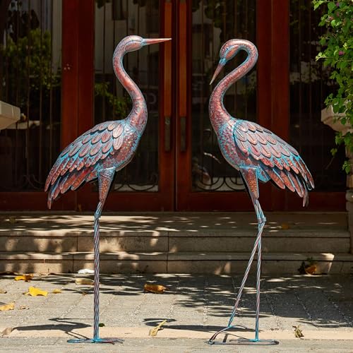 Kircust Garden Crane Statues Patina Heron Decoy, Standing Metal Crane Sculptures Bird Yard Art for Outdoor Decor, 47-48 Inch, Set of 2 - color: Patina 2