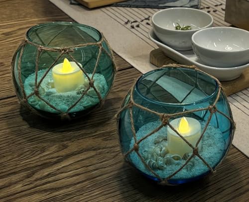 SAILINGSTORY Glass Fishing Float Tealight Candle Holder Nautical Coastal Beach Decor Teal and Blue Set of 2 Pack - color: Teal and Blue