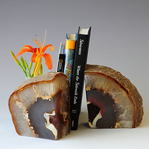 JIC Gem Natural Decorative Agate Book Ends Geode Bookends Stone Bookends for Shelves Book Ends to Hold Books Heavy Duty with Rubber Bumpers for Décor Small Size(1 Pair, 2-3 LBS) - color: Natural, size: 2-3LBS.