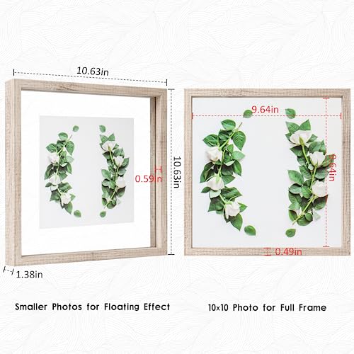 MUYE 10x10 Floating Frame Distressed Beige White Wood Pattern,Double Glass Square Picture Frame Display Any Size Photo up to 10x10,Wall Mount or Tabletop,2 Pack - color: Beige, size: 10x10