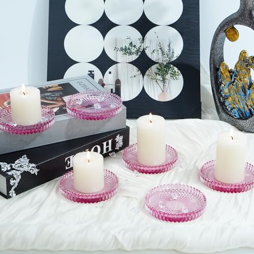 Candleholder Glass Candle Holder Plates Set of 6, Round Glass Candle Tray Plates for Dining Wedding Christmas Party Evening Light, Pink - color: Pink