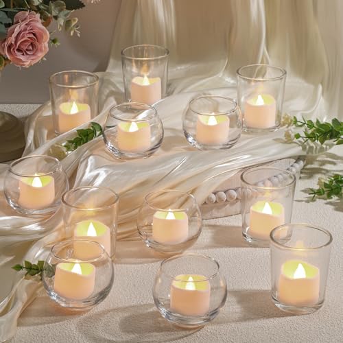 Funnymoom 12 Set Assorted Votive Candle Holders with LED Tea Light Decorative Mercury Glass Votive Tealight Holder Flameless Battery Operated Wedding Centerpieces Bridal Party Table Decoration (Clear) - color: Clear