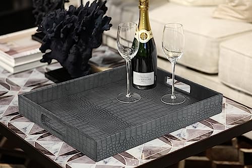 HofferRuffer Rectangle Serving Tray with Hole Handles for Coffee Table, Breakfast, Tea, Food, Butler - Countertop, Kitchen, Vanity Serve Tray, 16.2 x 12.2 x 2 inches, Faux Leather Tray (Dark Grey) - color: Dark Grey, size: 16.2" x 12.2" x 2"