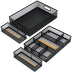 Neudeco Desk Drawer Organizer with 6 Adjustable Dividers, Metal Mesh Pen Organizer for Desk Drawer, Office Supplies Tray (Pack of 4, Black)