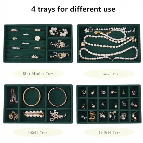 Stackable Jewelry Organizer Trays for Drawer, Set of 4 Velvet Jewelry Drawer Inserts in Dresser, 8in Storage Display Case for Rings Stud Necklaces Accessories(Green) - color: Green