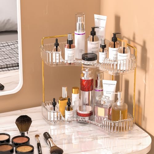 GTI 2 Tier Bathroom Counter Organizer, Multi-Function Corner Bathroom Organizer Countertop,Makeup Organizer Perfume for Dresser Vanity Tray, Spice Rack Organizer for Kitchen (Clear) - color: Clear, size: 10" x 10" x 11.7"