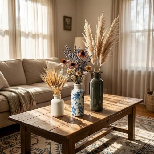 Rustic Ceramic Vase Set of 3, Farmhouse Decorative Flower Vases for Home Decor, Living Room Kitchen Bathroom Table Centerpieces, Shelf, Mantel and Entrance Decorations - color: Blue-2