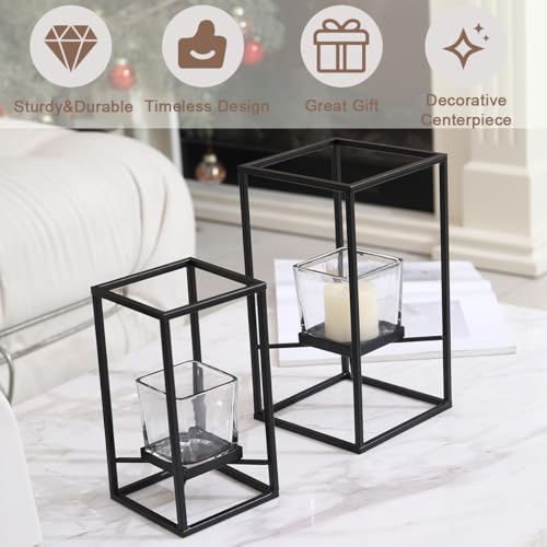 Set of Candlestick Holders in Two Sizes, Versatile Square Glass Candle Holder with Black Frame, Moden Style Candle Stand for Home Decor, Wedding, Party & Table Centerpiece