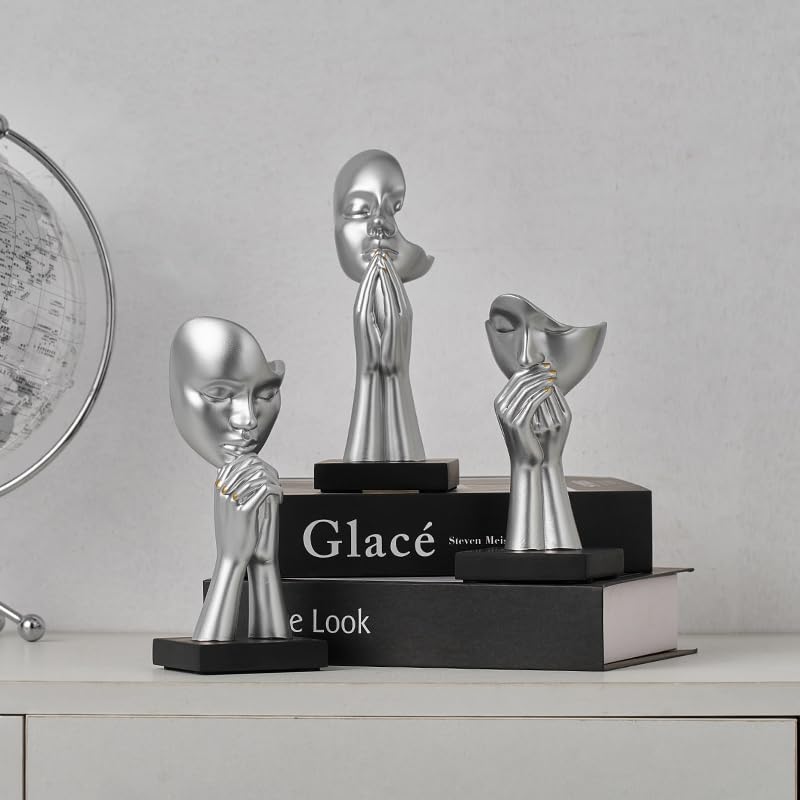 3-Piece Set of Thinker Statues, Gold and Silver Black Abstract Art Meditation Prayer Sculptures, Modern Home or Office Decoration Art Gifts - color: Silver