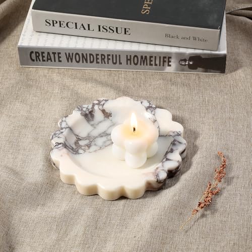 Koville 5.51" Scalloped Calacatta Viola Marble Tray, Round Stone Jewelry Trinket Dish for Ring, Natural Small Marble Tray for Bathroom Kitchen Dresser Countertop, Decorative Candle Tray - color: Calacatta Viola, size: D=5.51"