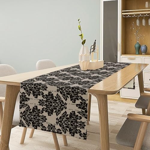 Vintage Damascus Flowers Table Runner Vintage Classic Flower Pattern Kitchen Dining Table Decoration for Home Party Decor Table Runners 13x36in - color: Beige-black, size: 13x36in