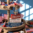 CroBlissful 4 Pcs 4th of July Decorations Patriotic Memorial Day Tabletop Decorations Red White Blue Table Centerpieces Sign for Office Tiered Tray Home Shelf 250th Anniversary(Freedom) - style: Freedom