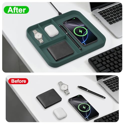 VOVIPO Faux Leather Valet Tray,with 2 in 1 Wireless Charging Compitable With iPhone/17/16/15/15 Plus/15 Pro/15 Pro Max/14/13/12/Wireless earphones,Office/Home Desk Organizers Tray-Mint - color: Mint